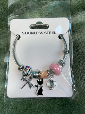 Stainless Steel Charm Bracelet with Pink Bead & Cat Charm